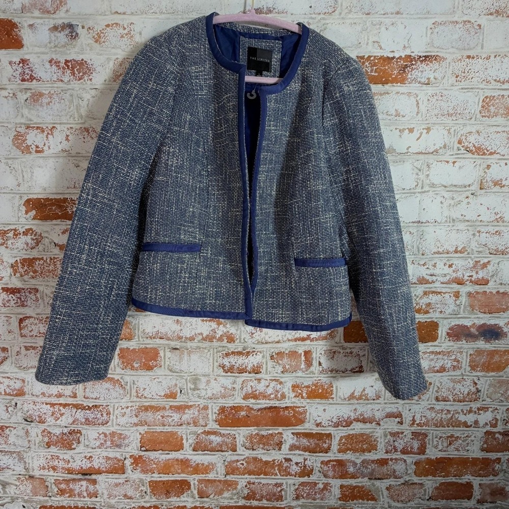 The Limited Tweed Blazer Women Large Blue Open Front Collarless Cropped Jacket